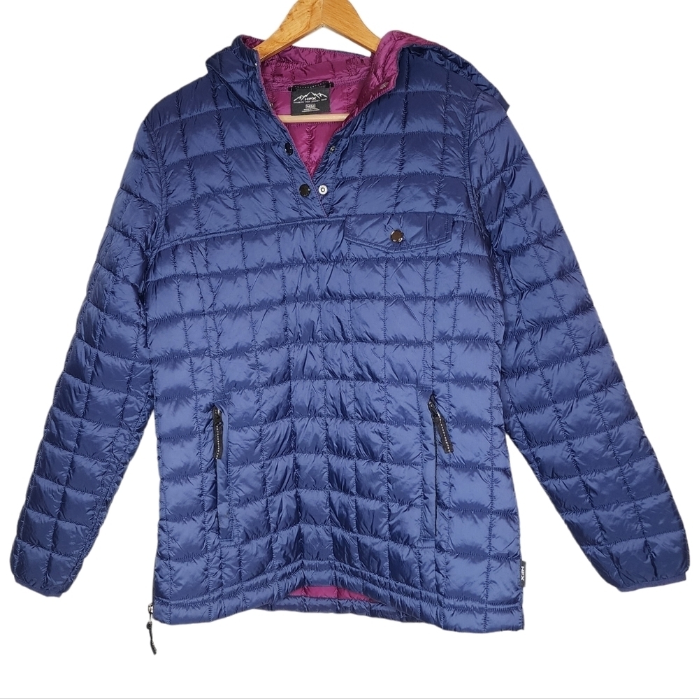 HFX Hooded Pullover Packable Quilted Puffer Coat Zip Side Navy Blue Women Size M